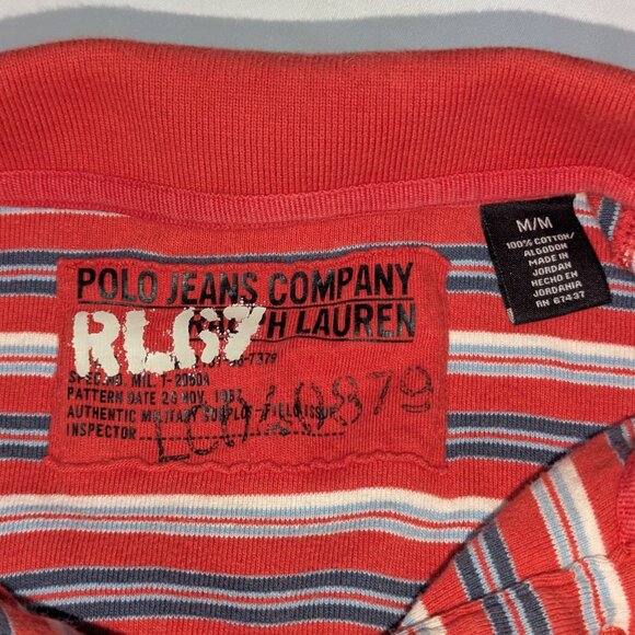VINTAGE POLO JEANS Company Shirt Ralph Lauren Mens Large Blue / Red Striped Y2K - Picture 3 of 9